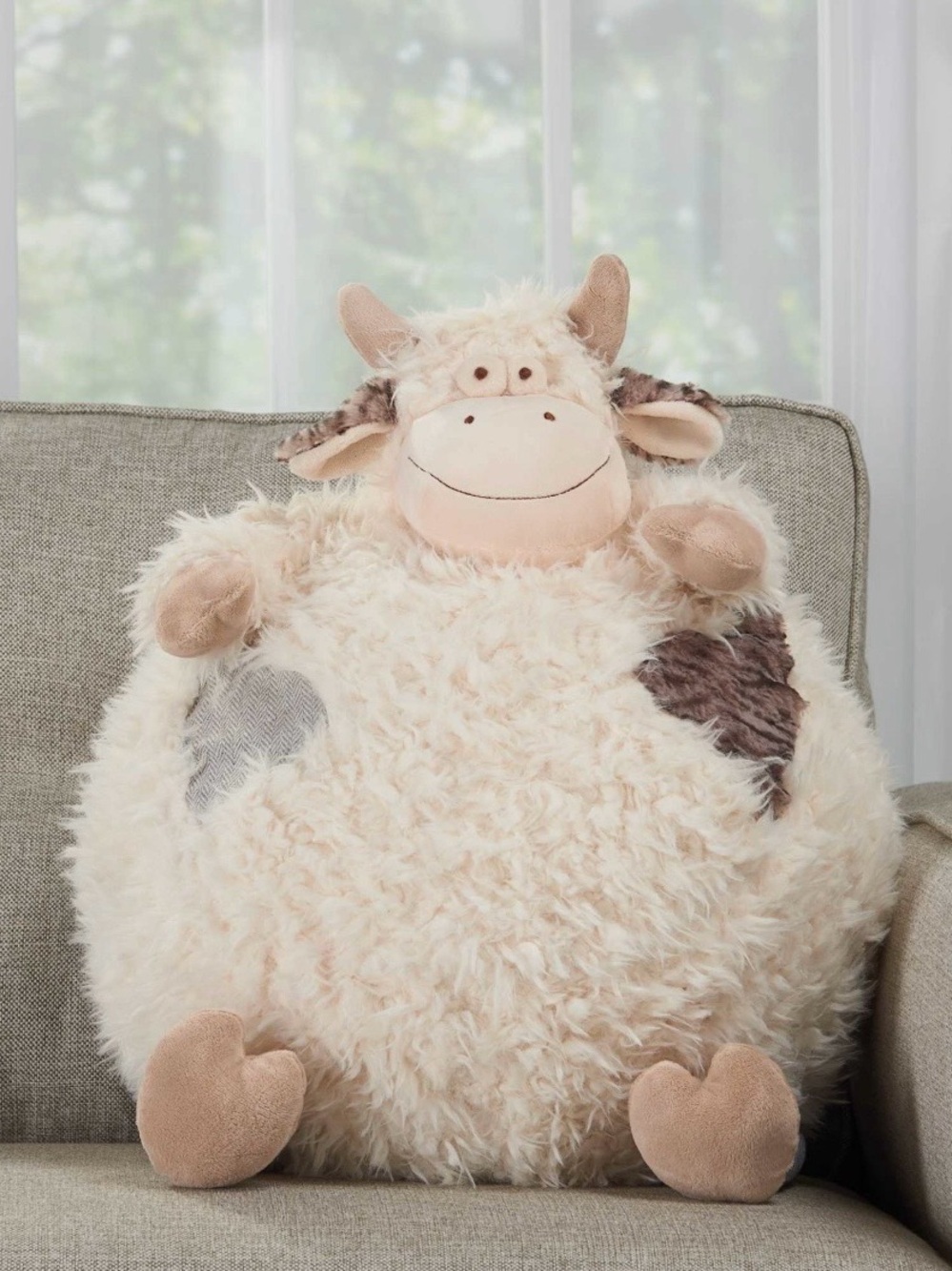 Mina Victory Round Cow Plush Animal Pillow - Cream with Brown Accents